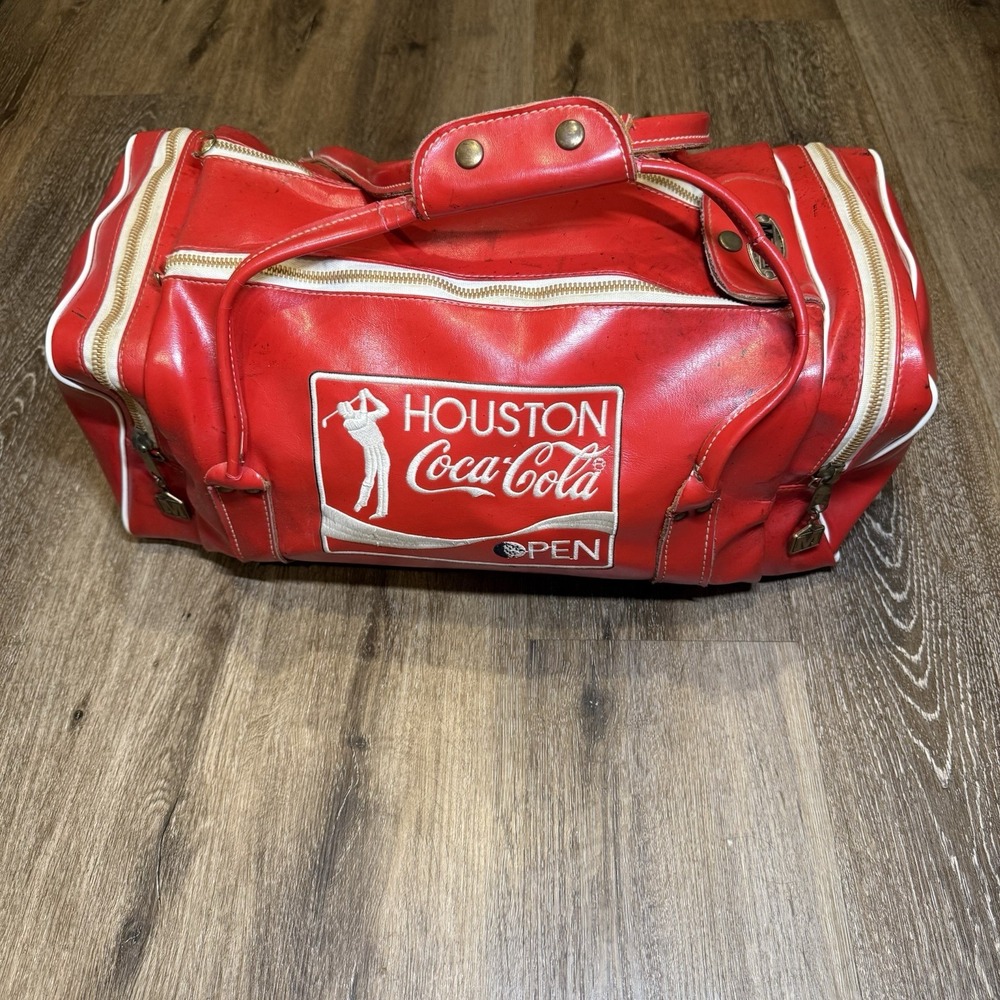 Vintage Houston Open Golf Coca Cola Leather Duffel Bag Red White 50s 60s Talon